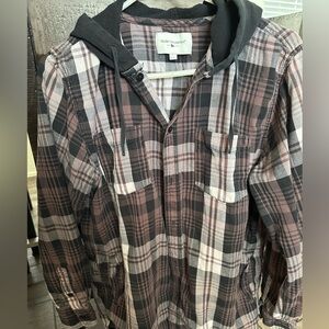 Brown plaid button down hoodie. Size large.